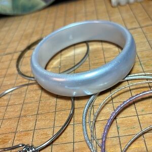 8 Bangle Bracelets-Silver Metal, Charms, Mother of Pearl, Metallic Plastic 8”L